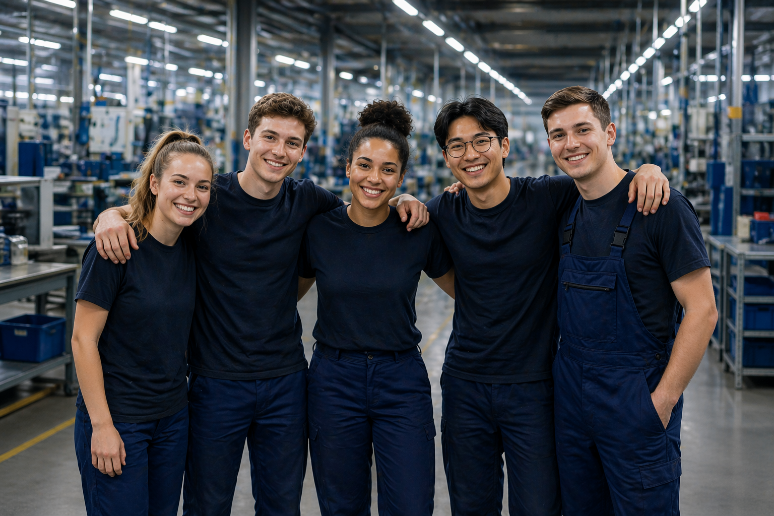 Fünf lächelnde Studenten bei ihrem Studentenjob in blauen T‑Shirts und Overalls stehen mit Armen umeinander in einer großen Produktionshalle.