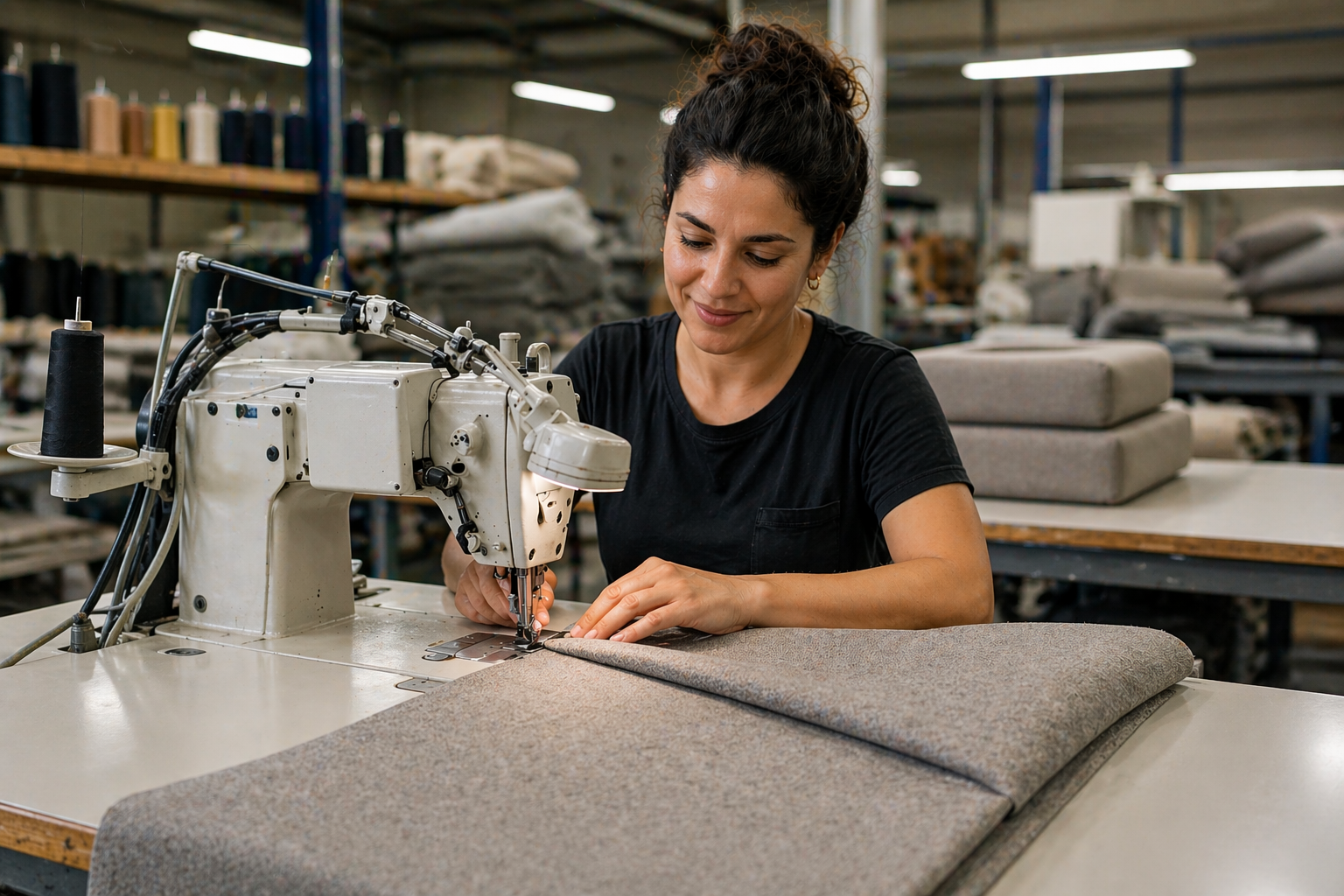 Näherin an einer Industrienähmaschine näht Stoffbezüge für Polster, konzentriert und lächelnd in einer Werkstatt.