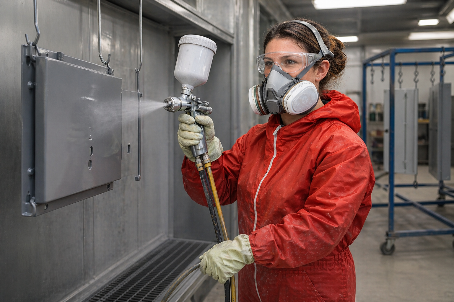 Frau im roten Schutzanzug mit Atemschutzmaske und Schutzbrille sprüht als Nasslackierer Lack mit einer Spritzpistole auf ein hängendes Metallteil in Lackierkabine.