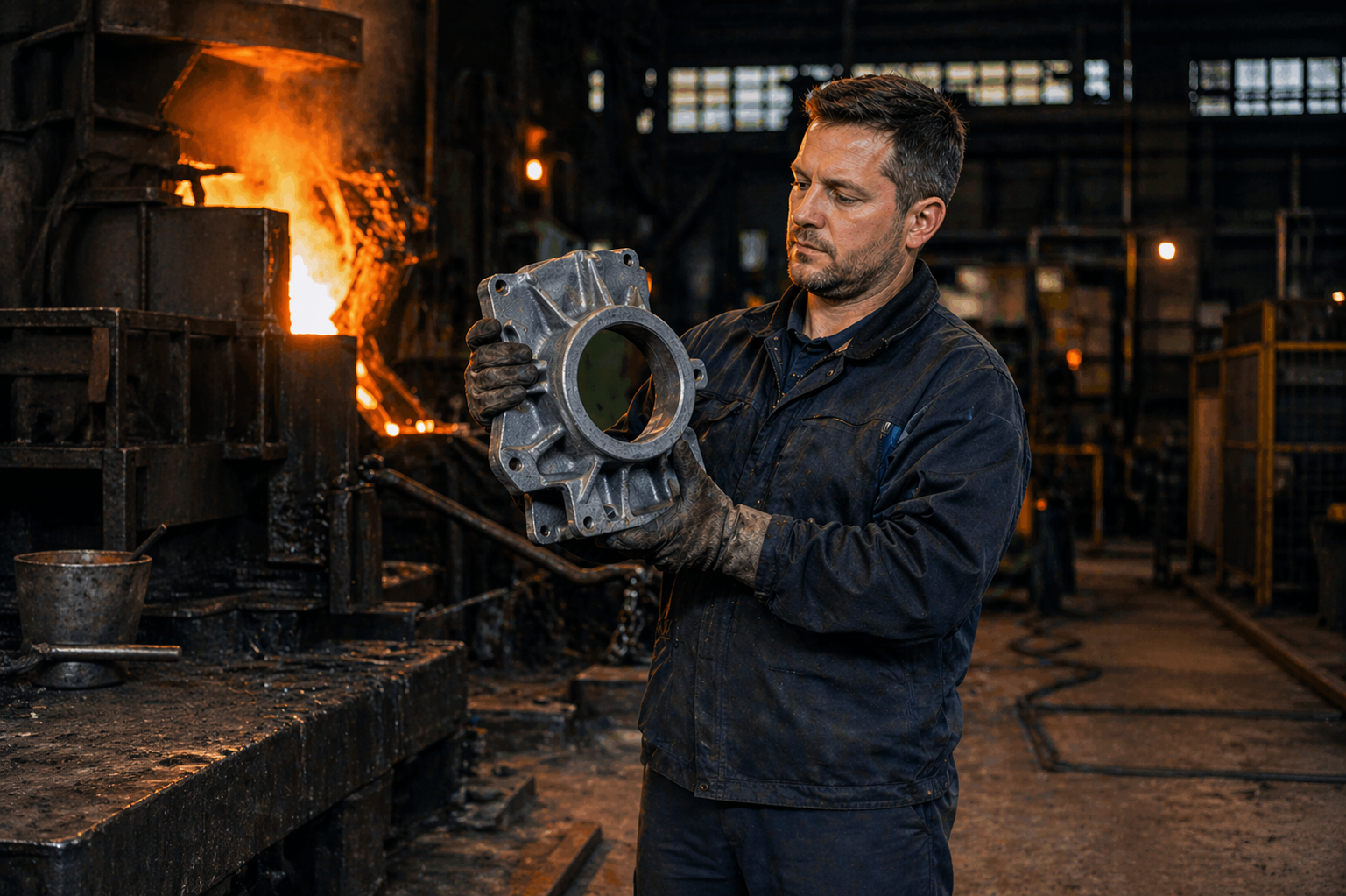 Produktionshelfer und Gießereiarbeiter in Schutzkleidung, der ein großes Metallbauteil vor einer glühenden Schmelzofen-Station prüft.