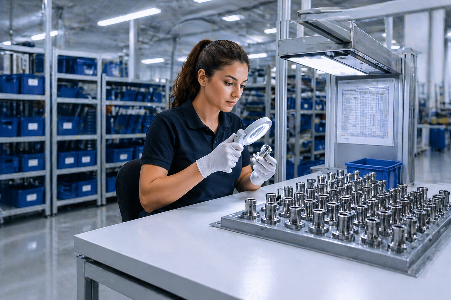 Frau mit Arbeitshandschuhen in Fabrik prüft Metallbauteil mit Lupe, vor ihr Tablett mit vielen ähnlichen Bauteilen.