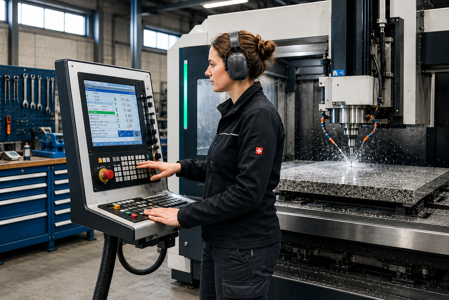 Frau mit Gehörschutz bedient die CNC-Steuerung einer Maschine, die eine Steinplatte bearbeitet.
